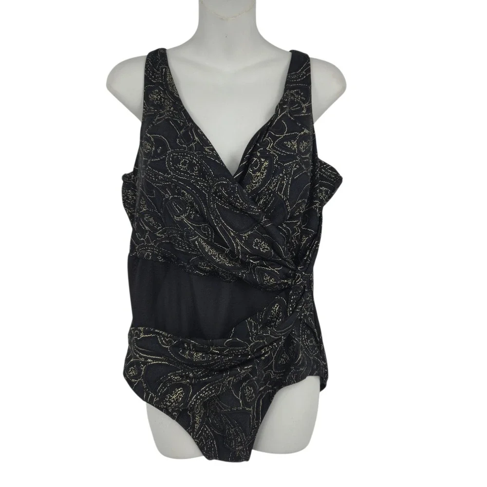 Miraclesuit One Piece Swimsuit Women 16 Black Gold Paisley Mesh Surplice Glam